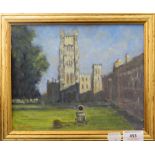 DAVID BAXTER, Ely cathedral, oil on board, framed. 24.5 cm wide.