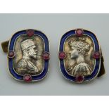 A pair of stone set silver and enamel cufflinks, bearing Russian marks. 2.5 cm high.