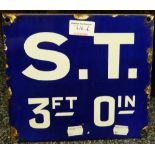 A vintage enamel sign, ''S.T. 3FT Oin''. 23.5 cm wide.