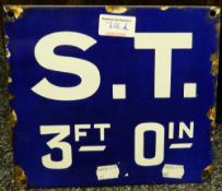 A vintage enamel sign, ''S.T. 3FT Oin''. 23.5 cm wide.