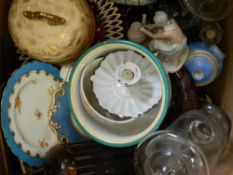 A large box of decorative ceramics and glass