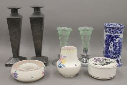 A quantity of miscellaneous items, including Poole pottery, a pair of pewter candlesticks,