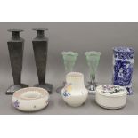 A quantity of miscellaneous items, including Poole pottery, a pair of pewter candlesticks,