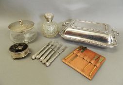 A silver top dressing pot, a scent bottle, a trinket box and a plated entree dish.