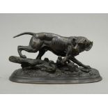 A patinated bronze model of a retriever and a pheasant, signed E DELABRIERRE .