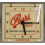 A Pears Soap glass advertising clock. 30.5 cm wide.