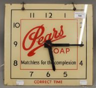 A Pears Soap glass advertising clock. 30.5 cm wide.