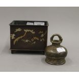 A 19th century Chinese Archaic style bell shaped bronze and a rectangular bronze and onlaid silver