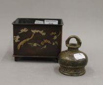 A 19th century Chinese Archaic style bell shaped bronze and a rectangular bronze and onlaid silver