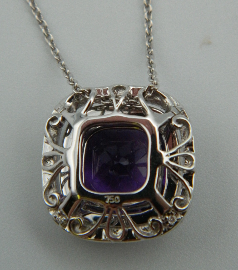 An 18 ct white gold quality amethyst and diamond pendant, on a 18 ct white gold chain. - Image 4 of 6