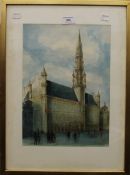 A Continental Church View, pen, pencil and watercolour, signed C MATHY, framed and glazed.
