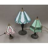 Three Tiffany style table lamps. The largest 46 cm high.