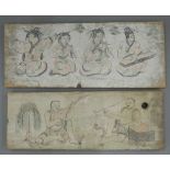 A pair of Chinese wood panels with painted musicians, unframed. The largest 55.5 x 23 cm.