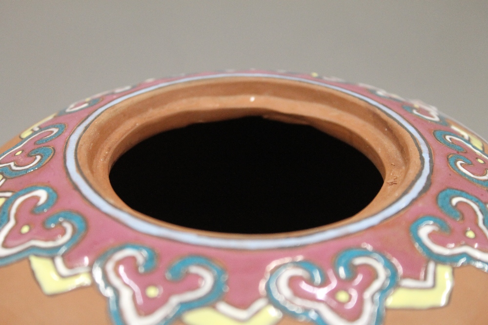 A Chinese Y-Hsing type polychrome decorated ovoid vase and lid, - Image 2 of 3