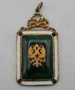 A Russian silver and malachite pendant. 6 cm high.