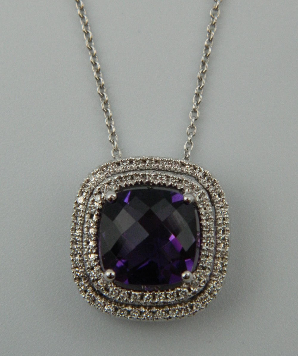 An 18 ct white gold quality amethyst and diamond pendant, on a 18 ct white gold chain. - Image 2 of 6