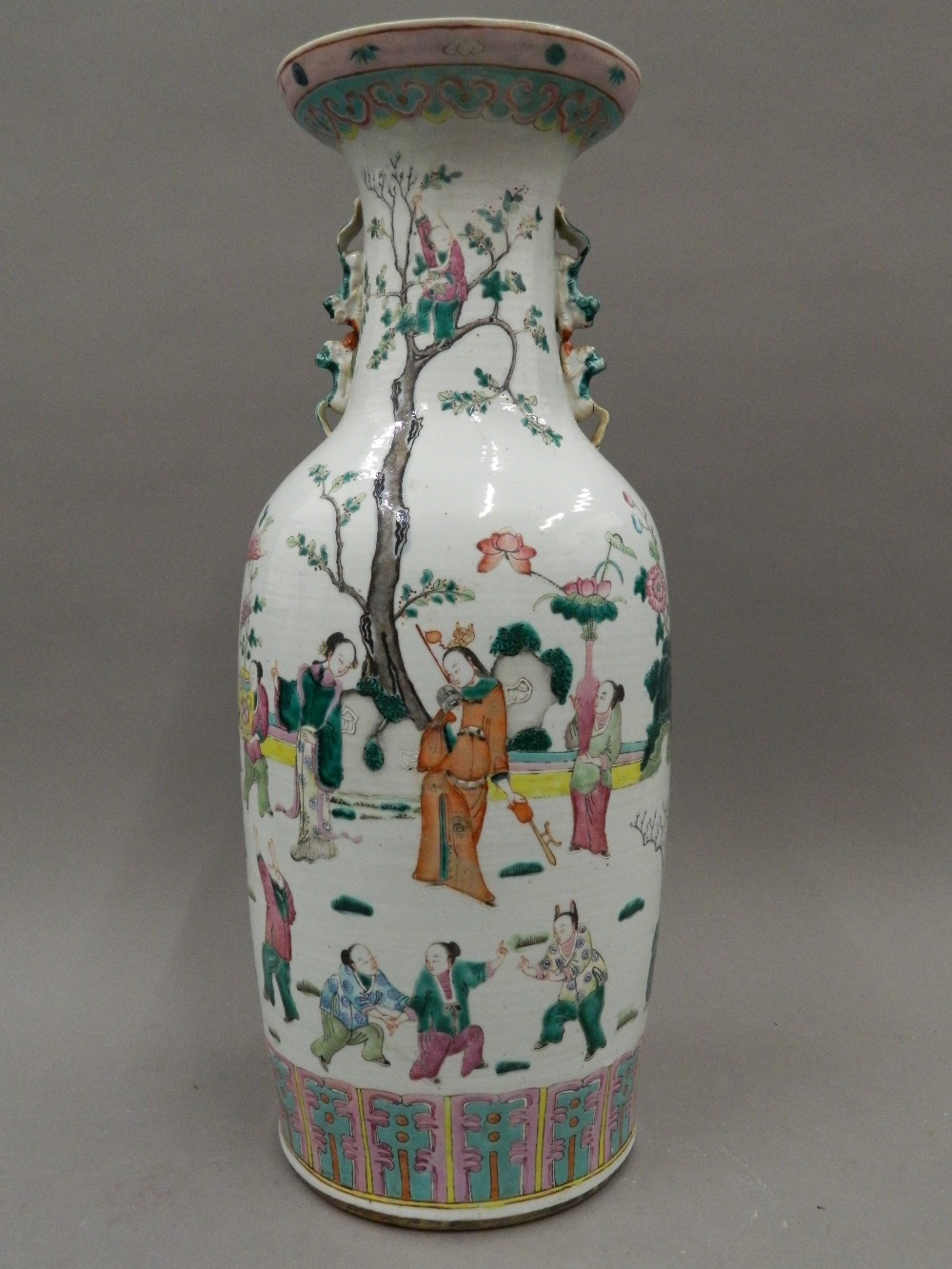 A large 19th century Chinese famille rose vase decorated with figures in various pursuits. 59. - Image 4 of 7