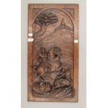 A 19th century carved oak panel, depicting a hunting scene. 64.5 cm high.