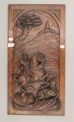 A 19th century carved oak panel, depicting a hunting scene. 64.5 cm high.