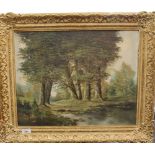 An oil on canvas, Trees Beside a River, indistinctly signed, framed. 49.5 x 39.5 cm.