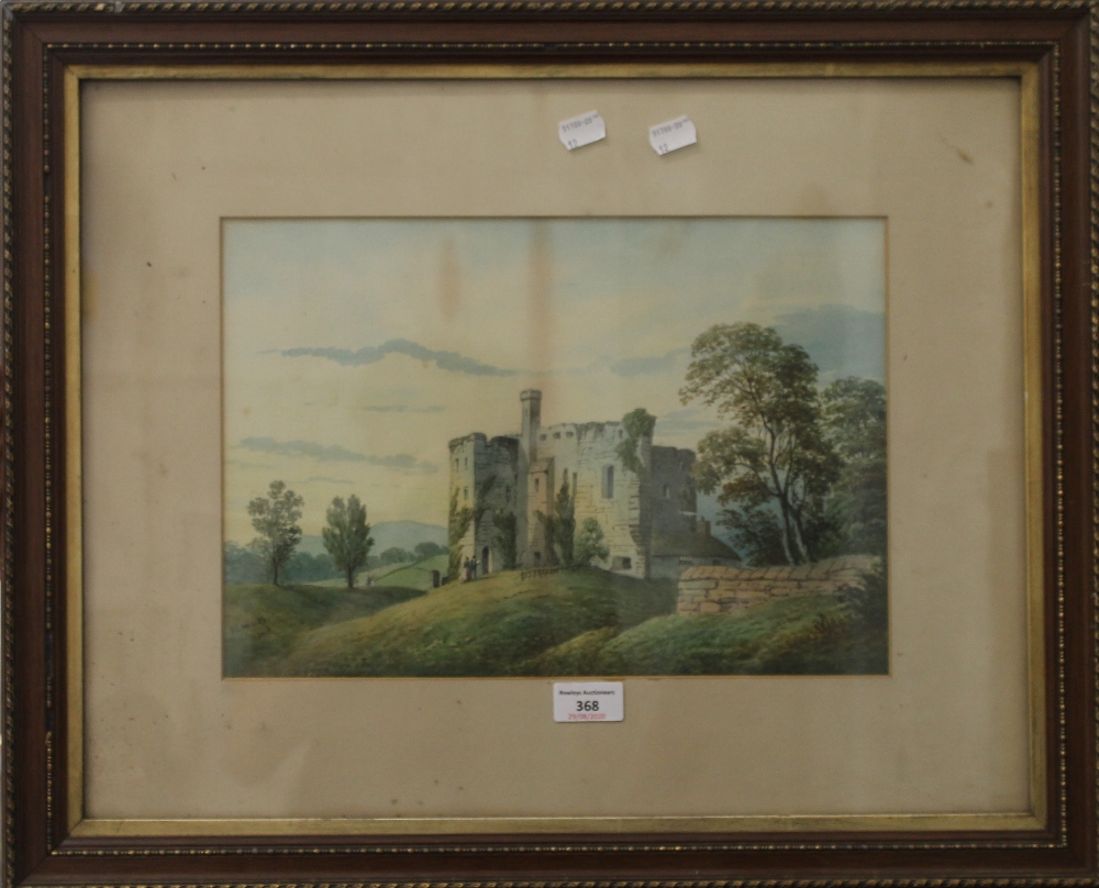 W LANGLEY, Castle Scene, watercolour, framed and glazed, 36 x 25 cm; together with Lake Landscape,