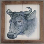 A Butchers shop tile panel depicting a cow, framed. 35 cm wide overall.
