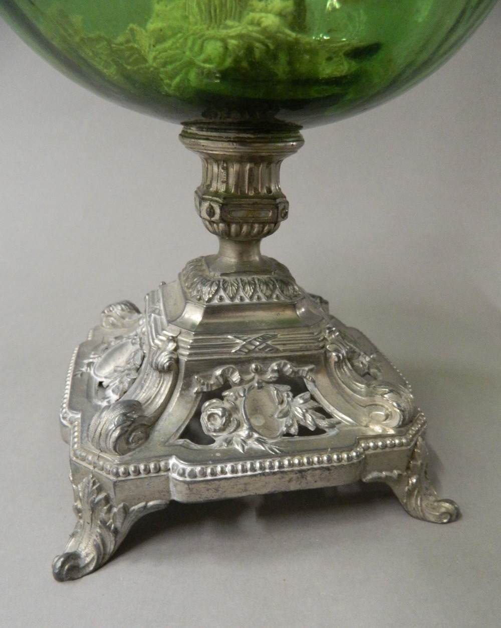 A Victorian oil lamp with green glass reservoir. 52 cm high. - Image 3 of 5