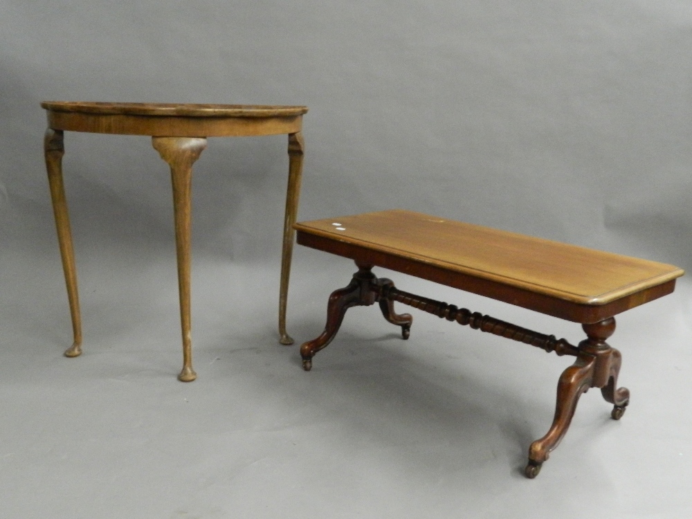 A small Victorian mahogany table and a walnut demi-lune table. The former 90.5 cm wide.