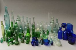 A quantity of glass bottles, inkwells, etc, including Boots All British Lysol bottle,