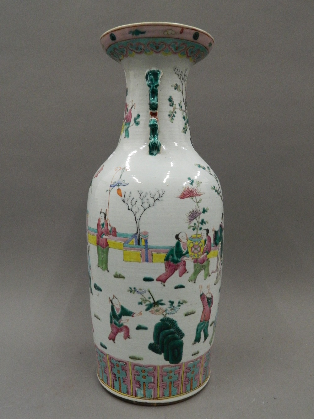 A large 19th century Chinese famille rose vase decorated with figures in various pursuits. 59. - Image 3 of 7