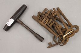 A bunch of elevan antique iron keys.