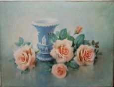 VESTY RICH, Roses and Wedgwood Urn, oil, signed, unframed. 61.5 x 47 cm.