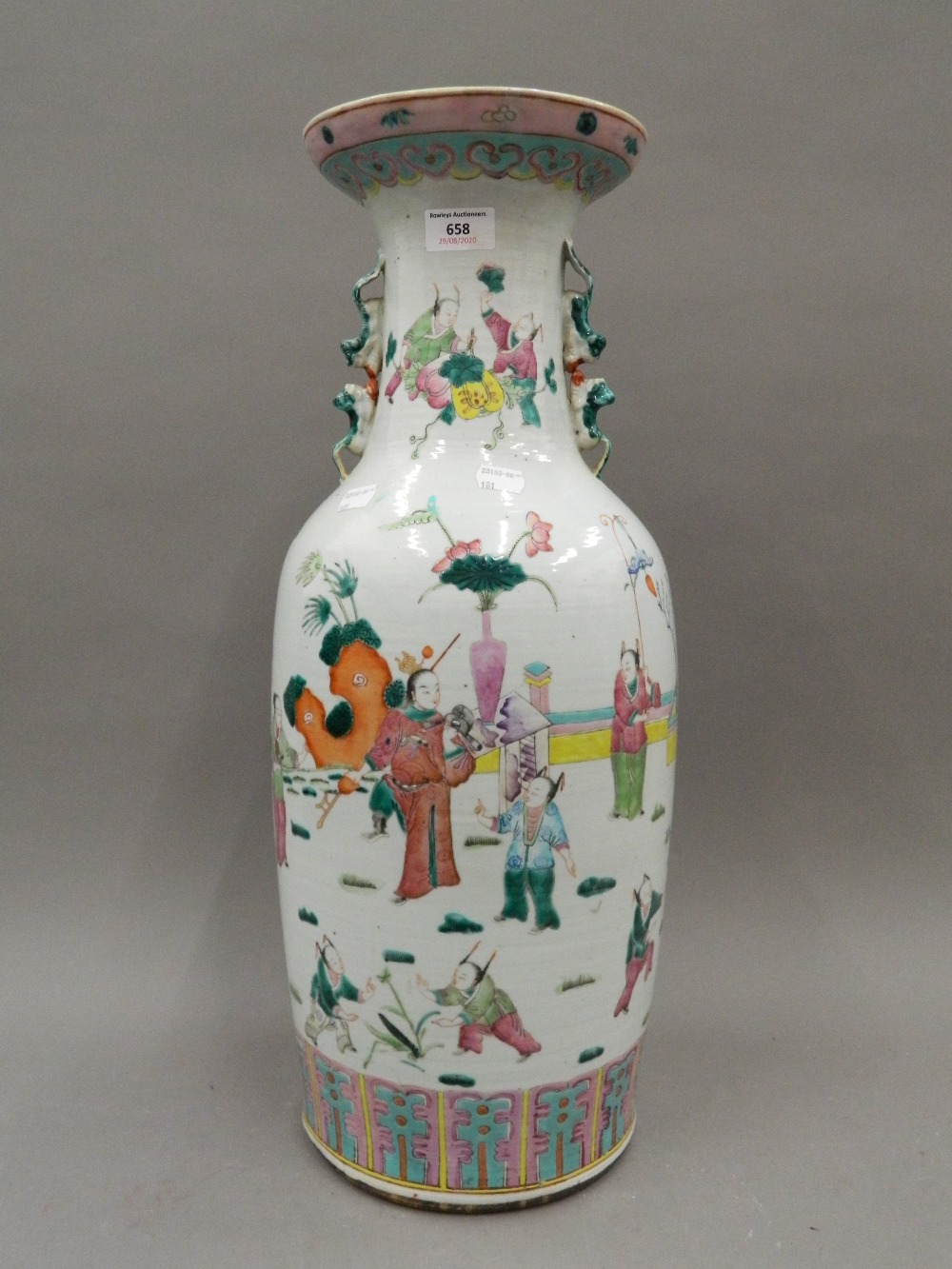 A large 19th century Chinese famille rose vase decorated with figures in various pursuits. 59. - Image 2 of 7