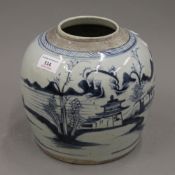 A 19th century Chinese porcelain blue and white ginger jar decorated with a pagoda in a landscape