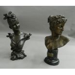 Two bronzed female busts. The largest 39 cm high.