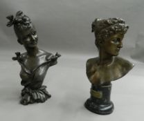 Two bronzed female busts. The largest 39 cm high.