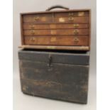 Two vintage toolboxes, a wooden box and a tray.