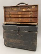 Two vintage toolboxes, a wooden box and a tray.