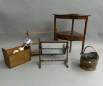 A 19th century mahogany corner washstand, a Victorian pine hanging shelf, a mahogany toilet mirror,