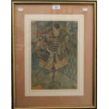 A 19th century Japanese woodcut depicting a warrior, framed and glazed. 23.5 x 35 cm.