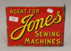 A small double sided Jones Sewing Machines enamel sign. 25.5 cm wide.