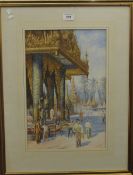 Thai Temple Scene, watercolour, indistinctly signed, framed and glazed. 28 x 43 cm.