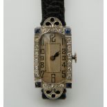 A ladies 1930s cased platinum diamond and sapphire set cocktail watch, on a modern leather strap. 3.