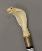 A walking stick with a carved bone handle formed as a cobra. 89 cm long.