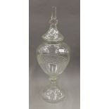 A large Victorian cut glass shop counter bon bon urn and cover. 77 cm high.