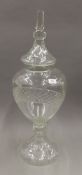 A large Victorian cut glass shop counter bon bon urn and cover. 77 cm high.