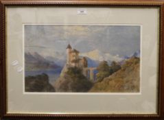 E WEST, Continental Castle Overlooking a River, watercolour, framed and glazed. 49 x 29 cm.