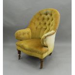 A Victorian button upholstered spoon back armchair. 67 cm wide.
