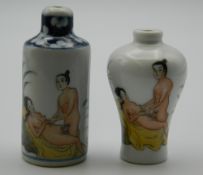 Two snuff bottles decorated with erotic scenes. The largest 7.5 cm high.