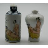 Two snuff bottles decorated with erotic scenes. The largest 7.5 cm high.